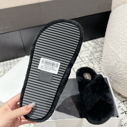 CROSS STRAP SLIPPER IN BLACK SHEARLING