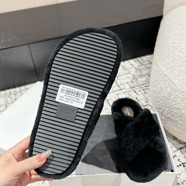 CROSS STRAP SLIPPER IN BLACK SHEARLING