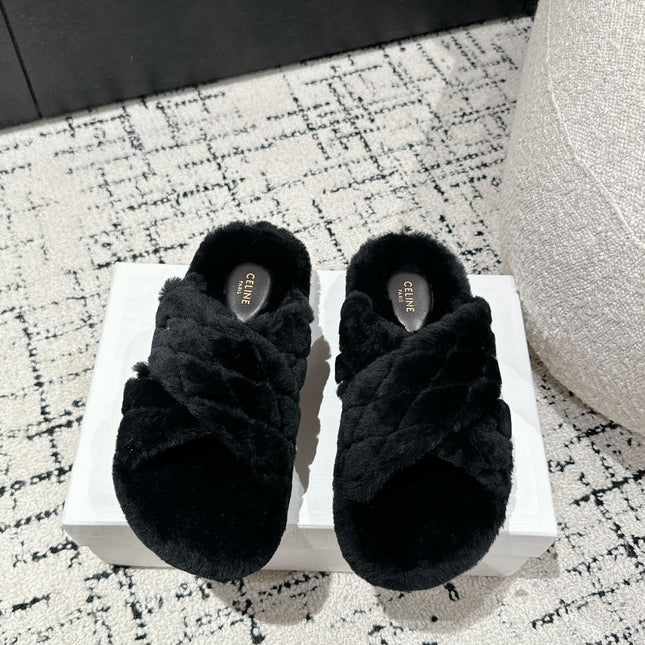 CROSS STRAP SLIPPER IN BLACK SHEARLING