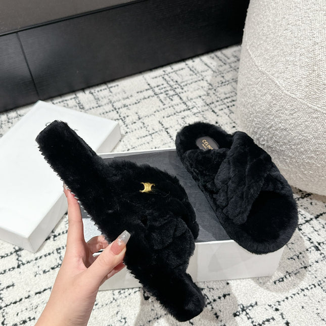 CROSS STRAP SLIPPER IN BLACK SHEARLING