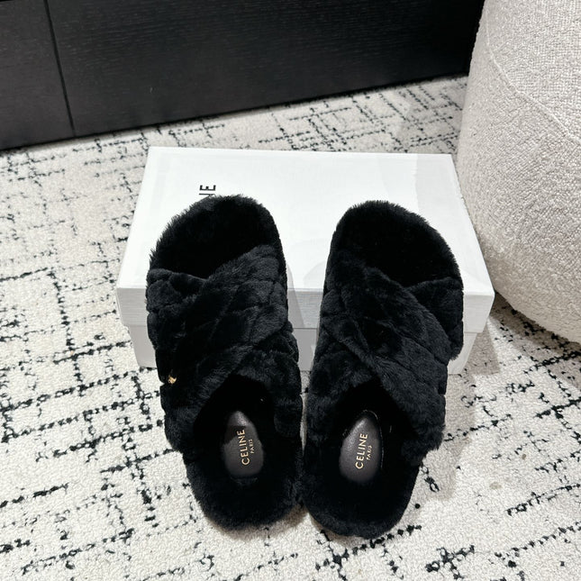 CROSS STRAP SLIPPER IN BLACK SHEARLING
