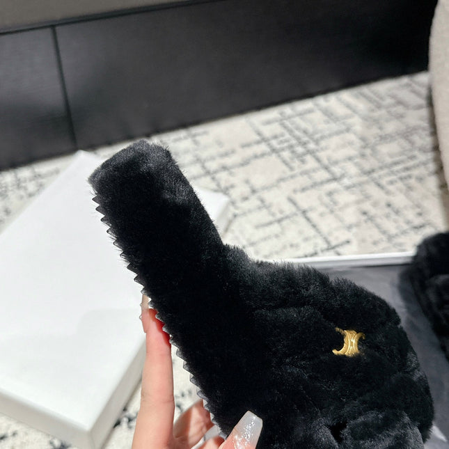 CROSS STRAP SLIPPER IN BLACK SHEARLING