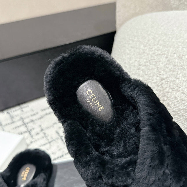 CROSS STRAP SLIPPER IN BLACK SHEARLING