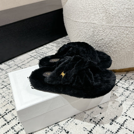 CROSS STRAP SLIPPER IN BLACK SHEARLING