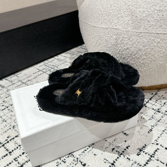 CROSS STRAP SLIPPER IN BLACK SHEARLING