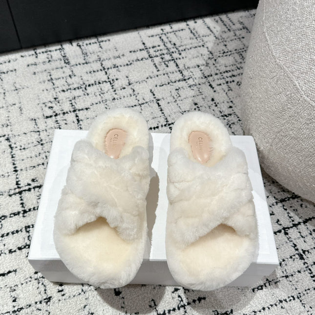CROSS STRAP SLIPPER IN WHITE SHEARLING
