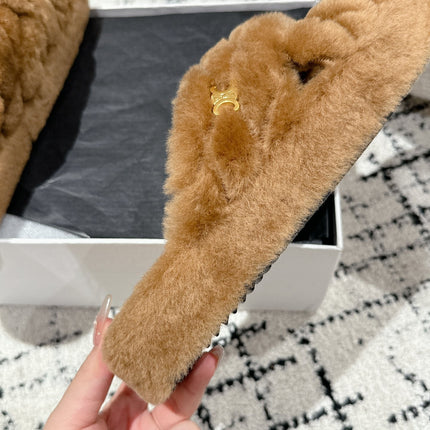 CROSS STRAP SLIPPER IN CAMEL BROWN SHEARLING