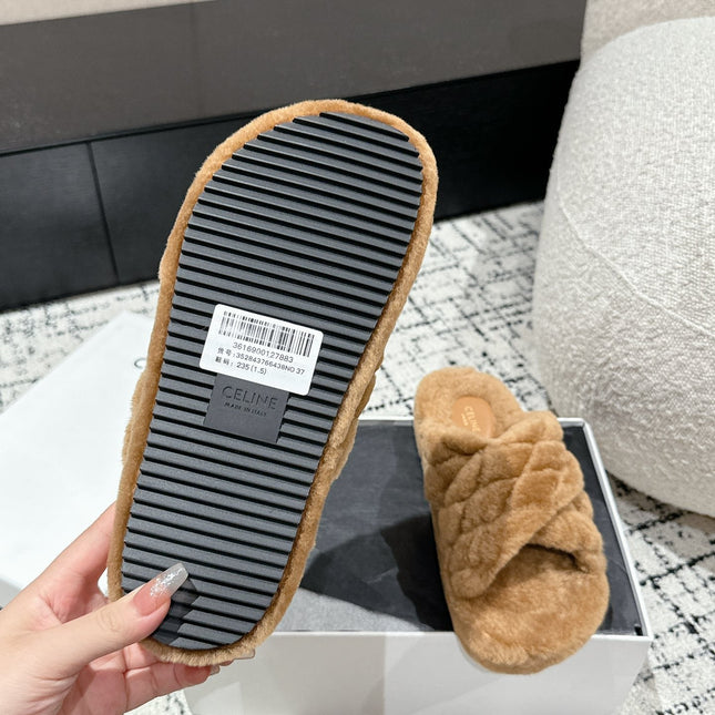 CROSS STRAP SLIPPER IN CAMEL BROWN SHEARLING