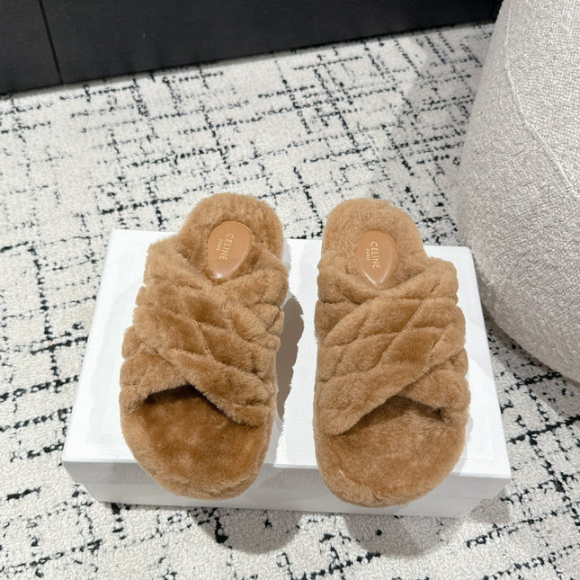 CROSS STRAP SLIPPER IN CAMEL BROWN SHEARLING