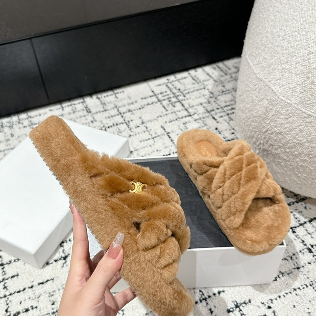CROSS STRAP SLIPPER IN CAMEL BROWN SHEARLING
