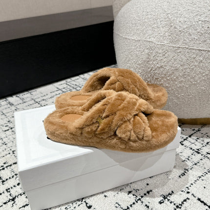 CROSS STRAP SLIPPER IN CAMEL BROWN SHEARLING