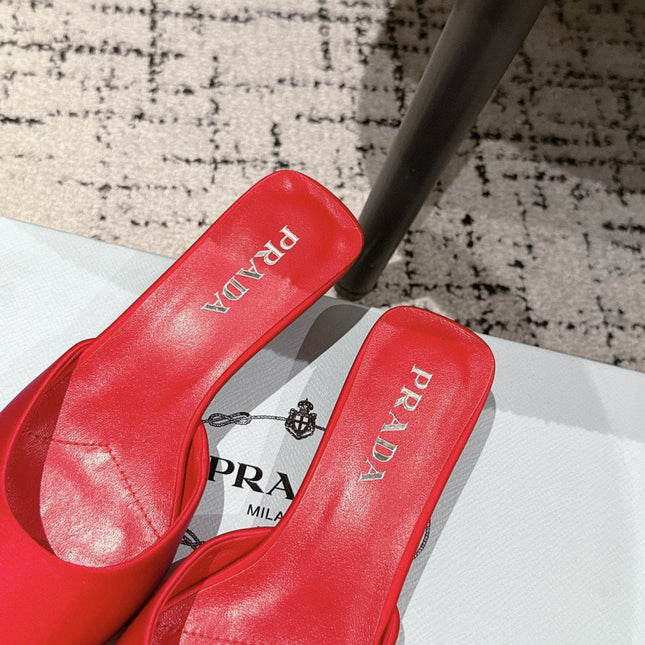 PRADA 25S POINTED-TOE MULES IN CRIMSON RED SATIN