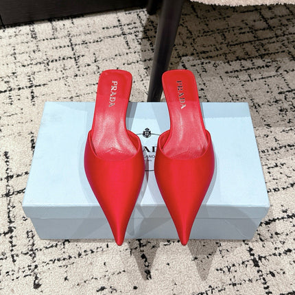 PRADA 25S POINTED-TOE MULES IN CRIMSON RED SATIN