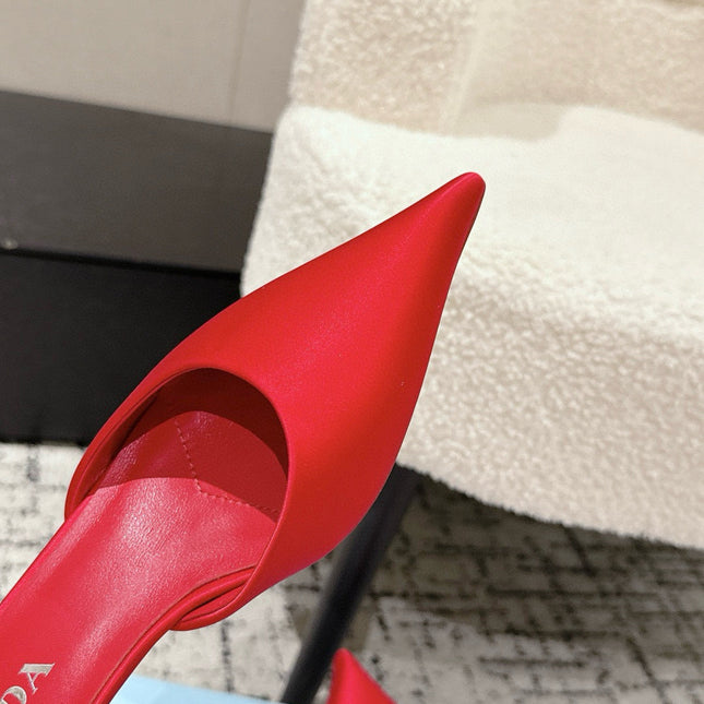 PRADA 25S POINTED-TOE MULES IN CRIMSON RED SATIN