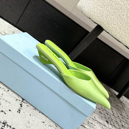 PRADA 25S POINTED-TOE MULES IN LIME GREEN SATIN
