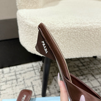 PRADA 25S POINTED-TOE MULES IN DARK BROWN SATIN