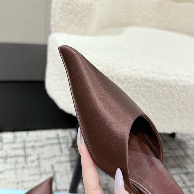 PRADA 25S POINTED-TOE MULES IN DARK BROWN SATIN