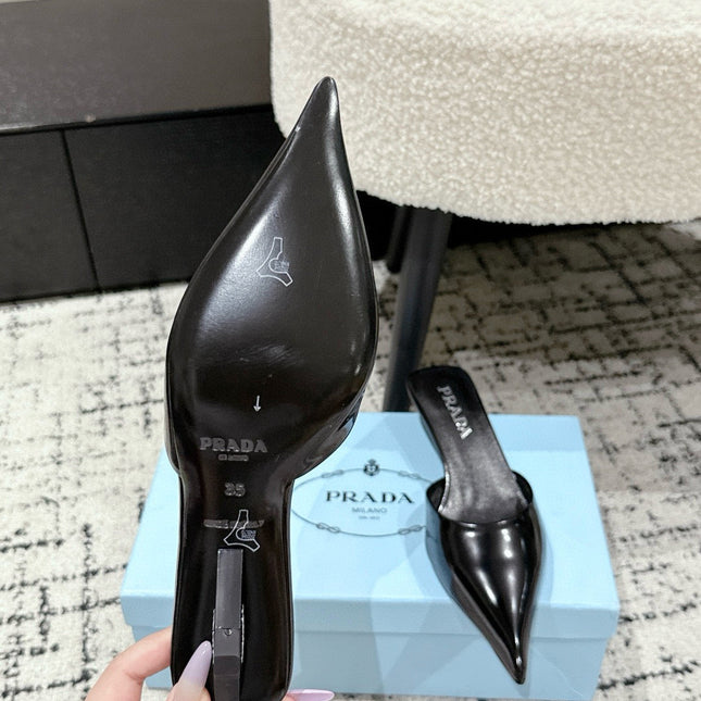 PRADA 25S POINTED-TOE MULES IN BLACK CALFSKIN