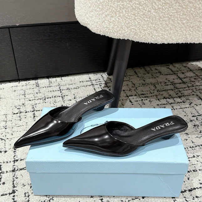 PRADA 25S POINTED-TOE MULES IN BLACK CALFSKIN