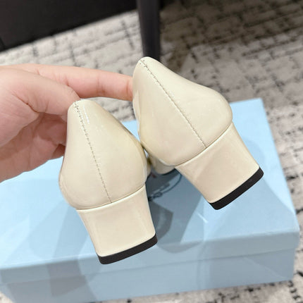 PRADA 25S SQUARE TOE HIGH HEELS IN IVORY GLOSSY CALFSKIN