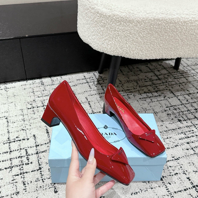 PRADA 25S SQUARE TOE HIGH HEELS IN DARK RED GLOSSY CALFSKIN