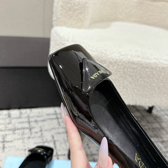 PRADA 25S SQUARE TOE HIGH HEELS IN BLACK GLOSSY CALFSKIN