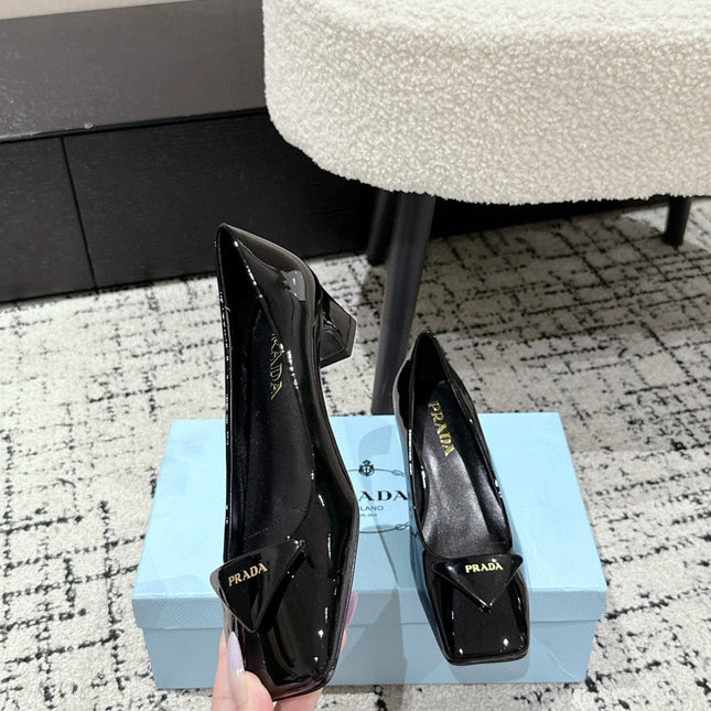 PRADA 25S SQUARE TOE HIGH HEELS IN BLACK GLOSSY CALFSKIN
