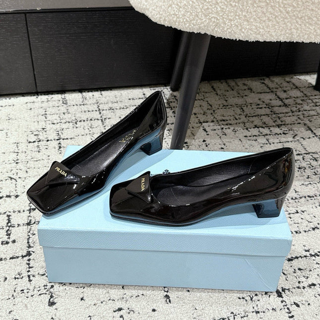 PRADA 25S SQUARE TOE HIGH HEELS IN BLACK GLOSSY CALFSKIN