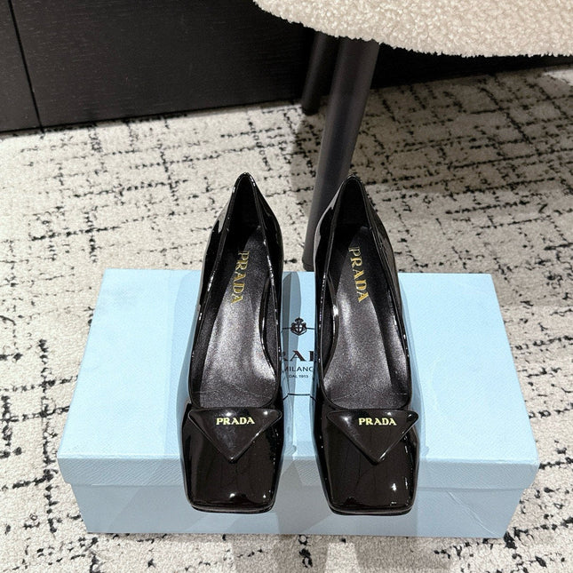 PRADA 25S SQUARE TOE HIGH HEELS IN BLACK GLOSSY CALFSKIN