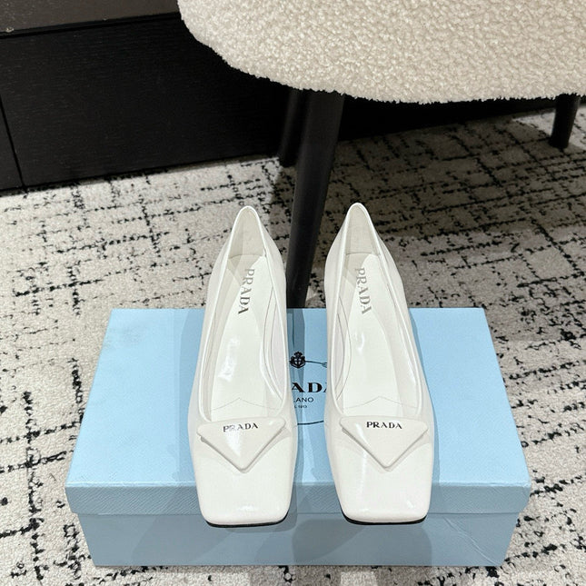 PRADA 25S SQUARE TOE HIGH HEELS IN WHITE PATENT CALFSKIN