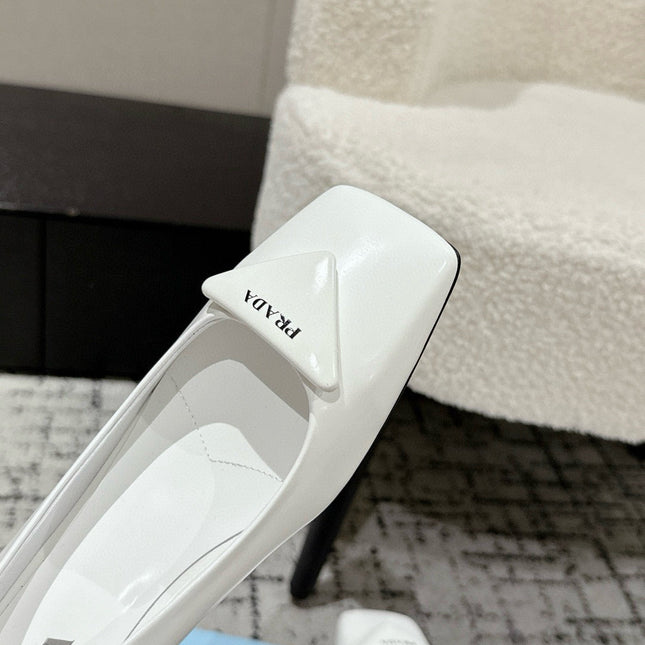 PRADA 25S SQUARE TOE HIGH HEELS IN WHITE PATENT CALFSKIN