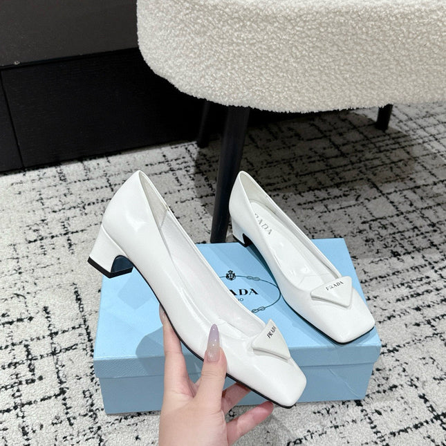 PRADA 25S SQUARE TOE HIGH HEELS IN WHITE PATENT CALFSKIN
