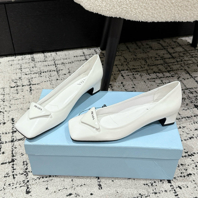 PRADA 25S SQUARE TOE HIGH HEELS IN WHITE PATENT CALFSKIN