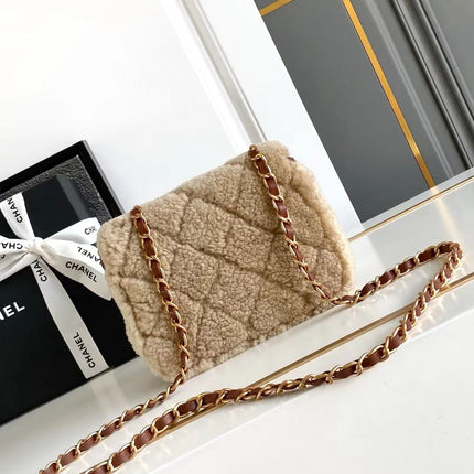MINI FLAP BAG 18 IN BEIGE WOOL AND GINGER ORANGE CALFSKIN GOLD HARDWARE