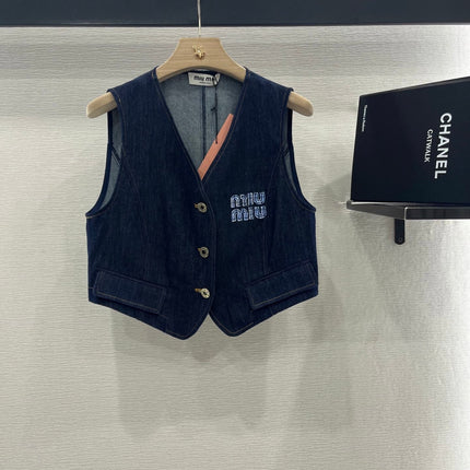 MIUMIU V-NECK BLAZER AND WIDE-LEG PANTS IN BLUE DENIM