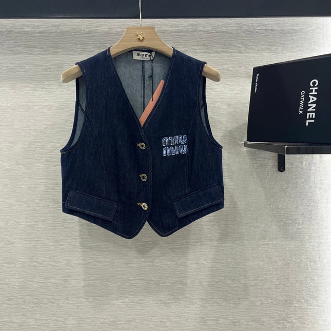 MIUMIU V-NECK BLAZER AND WIDE-LEG PANTS IN BLUE DENIM