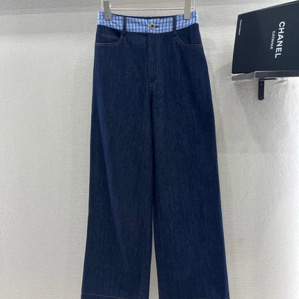 MIUMIU V-NECK BLAZER AND WIDE-LEG PANTS IN BLUE DENIM