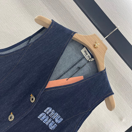 MIUMIU V-NECK BLAZER AND WIDE-LEG PANTS IN BLUE DENIM