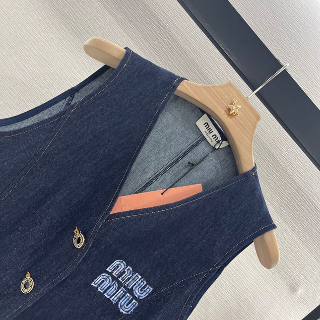 MIUMIU V-NECK BLAZER AND WIDE-LEG PANTS IN BLUE DENIM