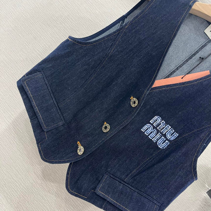 MIUMIU V-NECK BLAZER AND WIDE-LEG PANTS IN BLUE DENIM