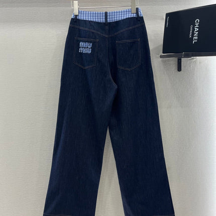 MIUMIU V-NECK BLAZER AND WIDE-LEG PANTS IN BLUE DENIM