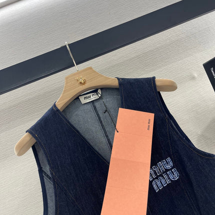 MIUMIU V-NECK BLAZER AND WIDE-LEG PANTS IN BLUE DENIM