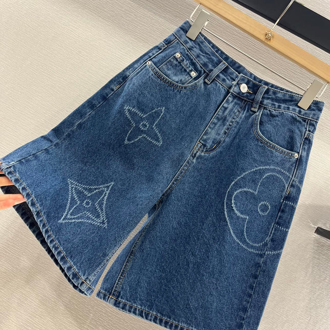LV HIGH-WAIST LASER-CUT DENIM SHORTS