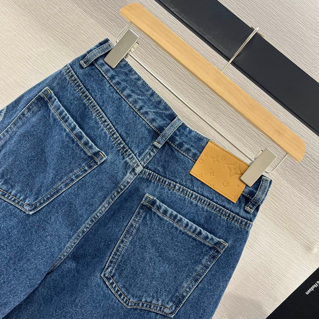 LV HIGH-WAIST LASER-CUT DENIM SHORTS