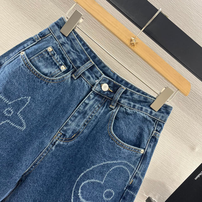 LV HIGH-WAIST LASER-CUT DENIM SHORTS