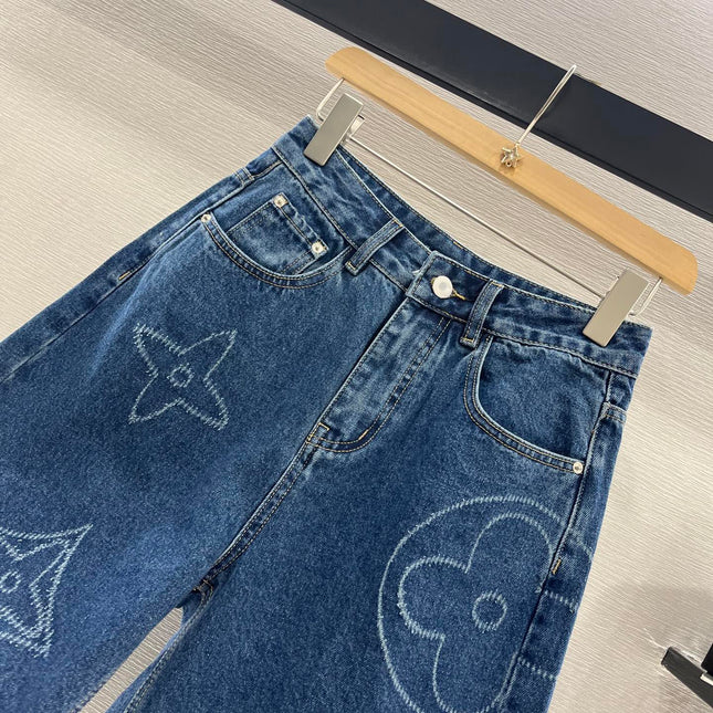 LV HIGH-WAIST LASER-CUT DENIM SHORTS