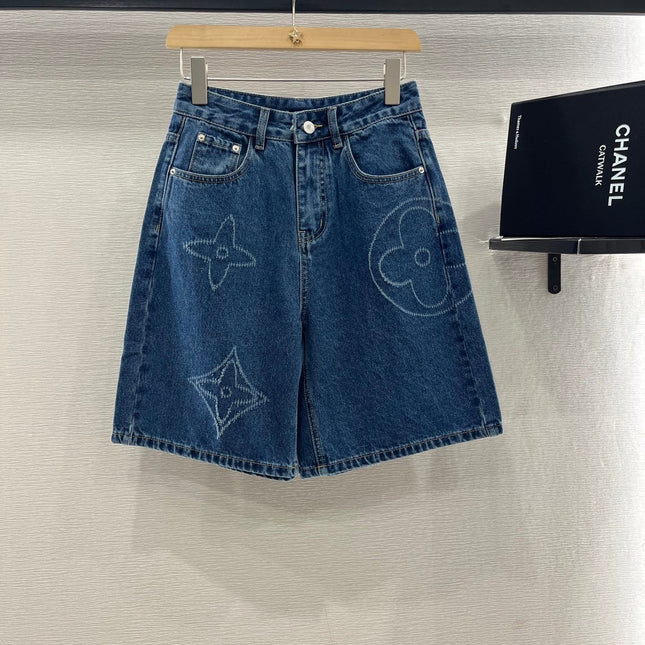 LV HIGH-WAIST LASER-CUT DENIM SHORTS