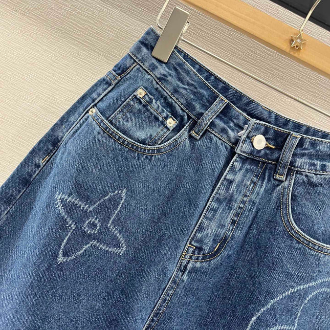 LV HIGH-WAIST LASER-CUT DENIM SHORTS