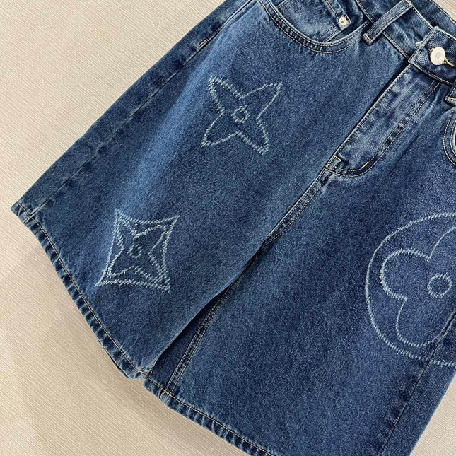 LV HIGH-WAIST LASER-CUT DENIM SHORTS