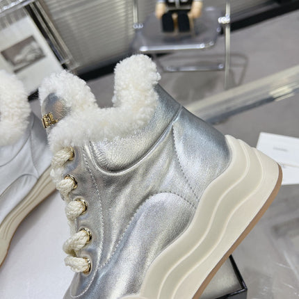 MARTIN BOOTS IN SILVER CALFSKIN AND LAMB FUR LINING